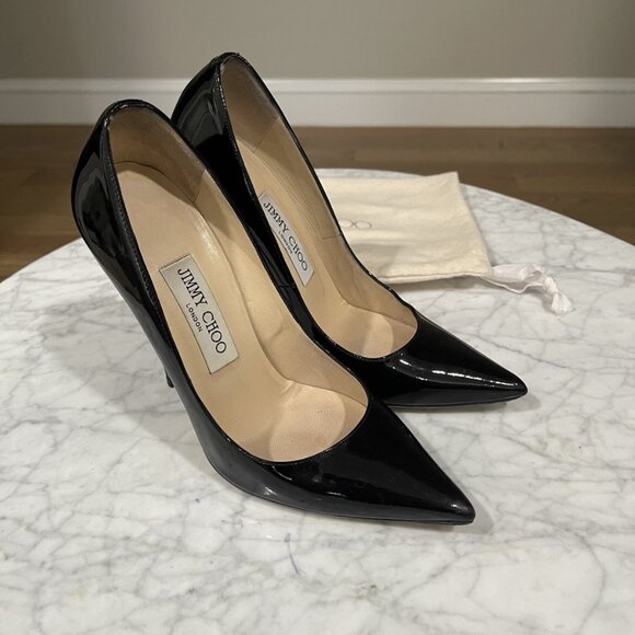 Jimmy Choo Anouk Stiletto Heel Pumps Patent Leather Black Pointed Toe - Picture 2 of 9